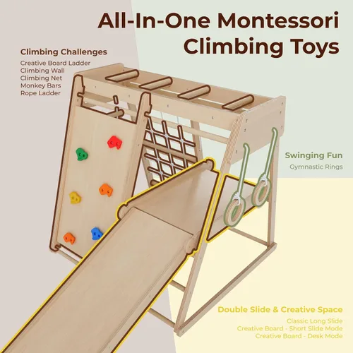 Miniatura 6 de Gimnasio de la selva para interiores para niños pequeños de 1 a 4 años, juego de escaladores de madera Montessori con tobogán, red de escalada