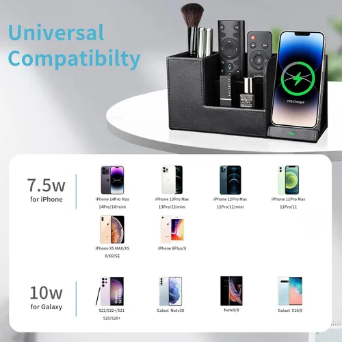Miniatura 6 de KINGFOM Organizador de escritorio de cuero PU con soporte de estación de carga inalámbrica para iPhone 10W, soporte rectangular para caja