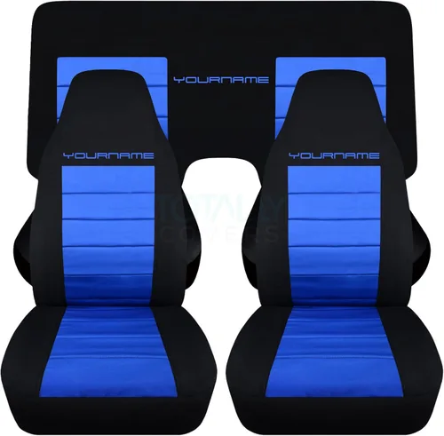 Totally Covers Compatible con Chevy Camaro 1982-1992 Fundas de Asientos de 2 Tonos con Tu Nombre/Texto: Negro y Azul - Juego Completo