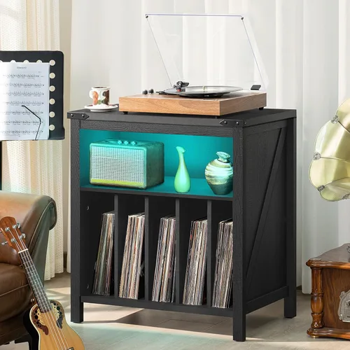 Miniatura 4 de Joaxswe Soporte Grande para Tocadiscos con Estación de Carga y Luces LED, Gabinete Portador de Almacenamiento de Discos de Vinilo que Sostiene hasta