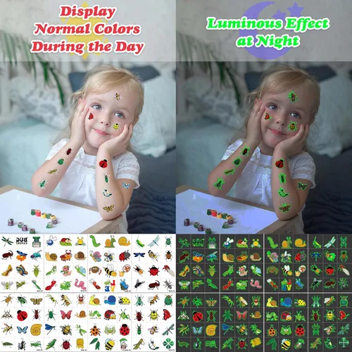 Miniatura 8 de 96 tatuajes temporales que brillan en la oscuridad para niños, calcomanías luminosas de insectos para niños y niñas, recuerdos de fiesta