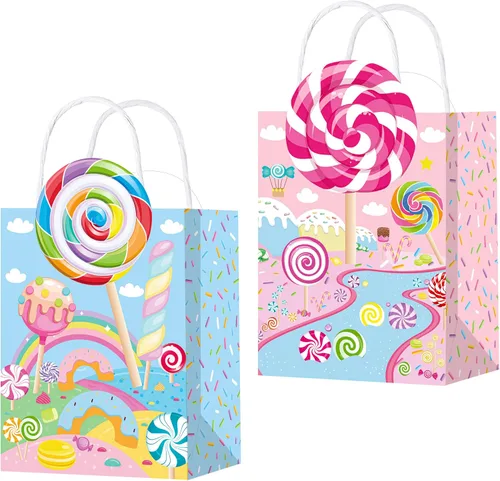 C L cooper life 12 bolsas de regalo de fiesta de Candyland con asas, bolsas de regalo para fiestas temáticas de piruletas, suministros para fiesta