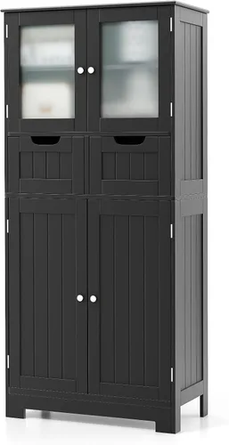 LOKO Armario de piso de baño, organizador de almacenamiento con puertas de vidrio, armario de cocina de madera con estante ajustable para sala de