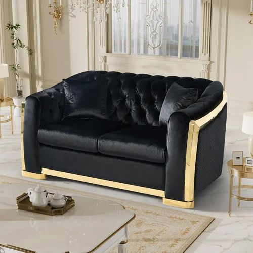 Miniatura 16 de DAMAIFROM Sofá Chesterfield moderno de mediados de siglo, sofá de terciopelo de 62"+84" pulgadas, sofá de terciopelo negro y dorado, sofá curvo