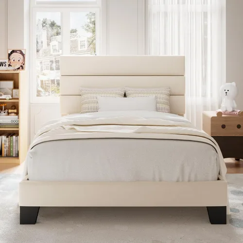 Miniatura 9 de Allewie - Base de cama de plataforma matrimonial con cabecera tapizada de tela y soporte de listones de madera, base de colchón totalmente tapizada