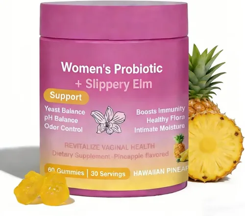 Gomitas de probióticos femeninos jugosos, gomitas con sabor a piña con olmo resbaladizo, apoya el equilibrio del pH, la salud intestinal y el
