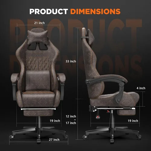 Miniatura 3 de Ferghana Silla vintage de piel sintética para videojuegos, silla de jugador con respaldo alto con masaje, silla ergonómica de oficina para Marrón