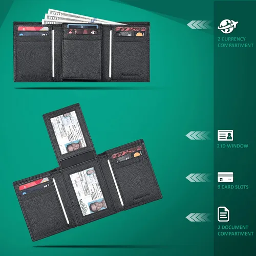 Miniatura 2 de Billetera de tres pliegues para hombre Cartera de piel auténtica con bloqueo RFID con 9 ranuras para tarjetas