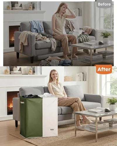 Miniatura 7 de SOLEDI Cesta de lavandería grande doble con tapa, cesta de ropa plegable de 2 secciones con bolsas extraíbles, cesta de lavandería que ahorra