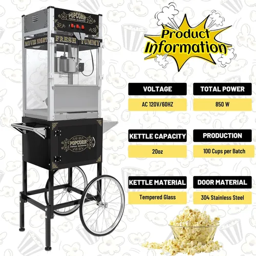 Miniatura 3 de Máquina vintage de palomitas de maíz con carro, hervidor de acero inoxidable de 20 onzas y luz de calentamiento, hace hasta 100 tazas, ideal