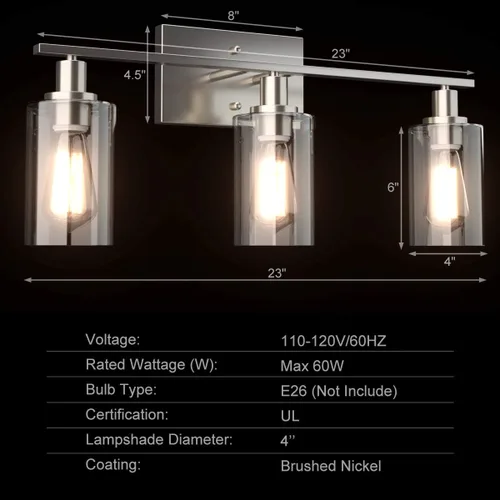 Miniatura 5 de Tangkula Lámparas de tocador de baño de 3 luces, apliques de pared modernos con pantalla de vidrio transparente con base E26, iluminación de pared