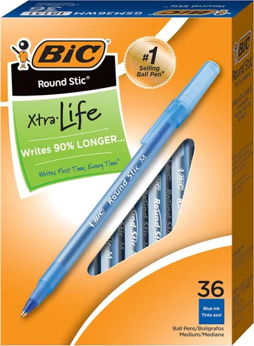 BIC Round Stic Xtra Life - Bolígrafo de punta media (1.0mm), azul, cuerpo redondo y flexible para escribir con comodidad, 36 unidades (paquete de 6,