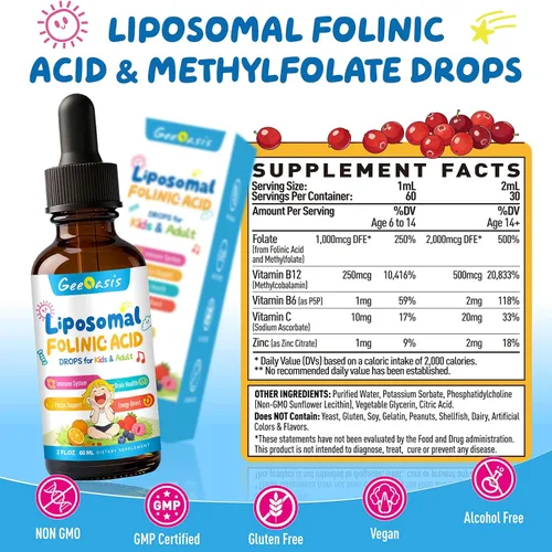 Miniatura 2 de Gotas de ácido folínico líquido y metilfolato para niños, suplemento de ácido fólico con B12 metilado para mujeres, con citrato de zinc, vitamina B6