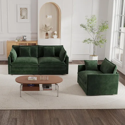 Miniatura 15 de mikibama Juego de sofá biplaza y sillón de lujo de 2 piezas, moderno juego de sofás nube tapizados de chenilla con 5 almohadas para sala de estar