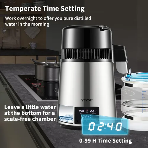Miniatura 4 de VEVOR Destilador de agua de 1.1 galones, 0.4 galones/h, máquina purificadora de agua destilada 1750W con temporizador de 0-99H, pantalla de Plateado