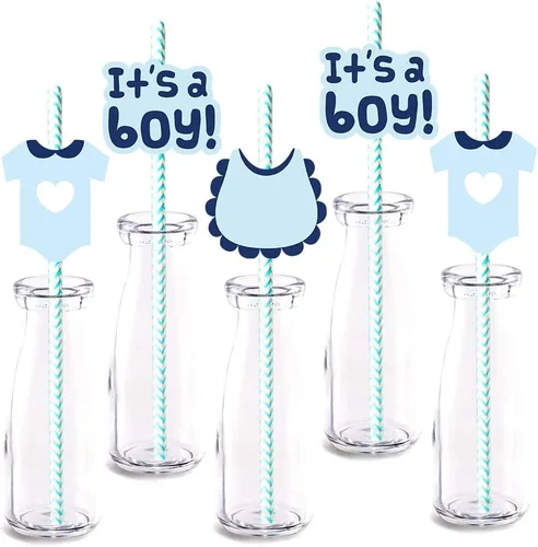 Blue It's a Boy - Decoración de pajita, paquete de 24 decoraciones para baby shower o fiesta de cumpleaños, pajitas decorativas de papel
