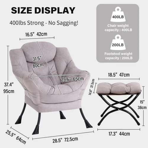 Miniatura 3 de Tiita - Sillón reclinable con otomana, grande, moderno, silla de ocio, de lectura, con reposapiés, para dormitorio, sala de estar, dormitorios, Gris