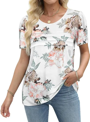 Miniatura 26 de JomeDesign - Camisetas casuales de verano para mujer, manga corta, cuello redondo, manga abullonada