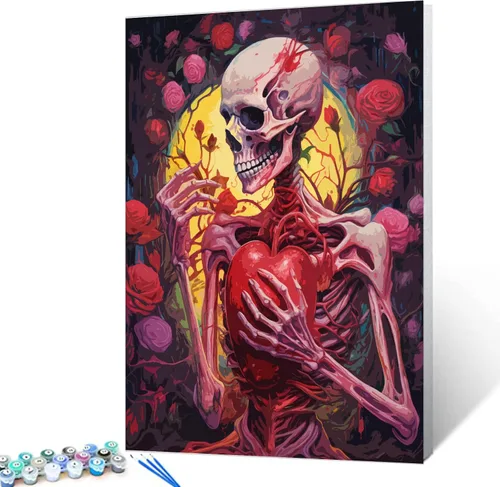 Tucocoo Pintura de calavera de corazón por números para adultos, diseño de flores trippy, pintura por número para adultos principiantes, pintura de