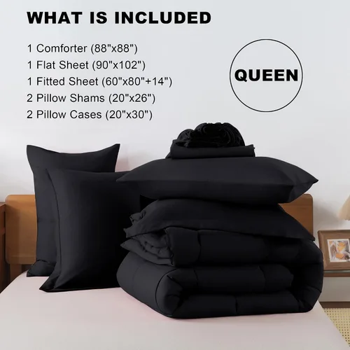 Miniatura 7 de ELNIDO QUEEN® Juego de edredón tamaño Queen negro - 7 piezas de ropa de cama en una bolsa, tamaño Queen, juego completo para todas las estaciones