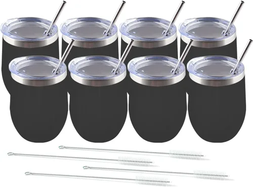 Miniatura 10 de Amtidy Paquete de 12 vasos de acero inoxidable con recubrimiento en polvo con tapa, equipado con popote y cepillo para pajilla, vaso de viaje