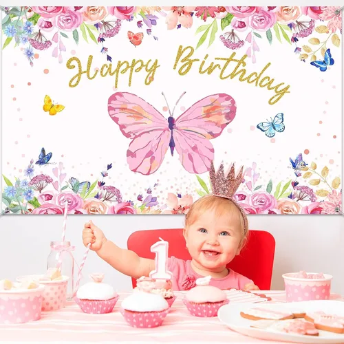 Miniatura 5 de Tatuo Telón de fondo de mariposa de feliz cumpleaños de 6 x 4 pies, decoración de fiesta de cumpleaños de mariposa rosa para niñas y mujeres