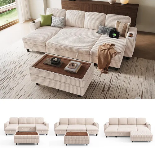 Miniatura 26 de LINSY HOME - Sofá cama extraíble modular con sección para dormir, con almacenamiento, sofá seccional de pana mullida para sala de estar, sofá cama