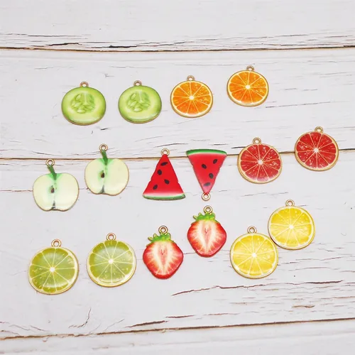 Miniatura 2 de 32 dijes de esmalte en tono dorado surtidos, limón, sandía, naranja, fresa, manzana, delicados, colgantes, fruta, alimentos, para aretes, joyería
