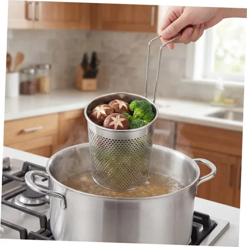 Miniatura 8 de Kichvoe Tamiz de fideos para el hogar de acero inoxidable con asa 9.84 x 5.11 x 4.92 pulgadas, cesta de colador de pasta de mano para cocinar