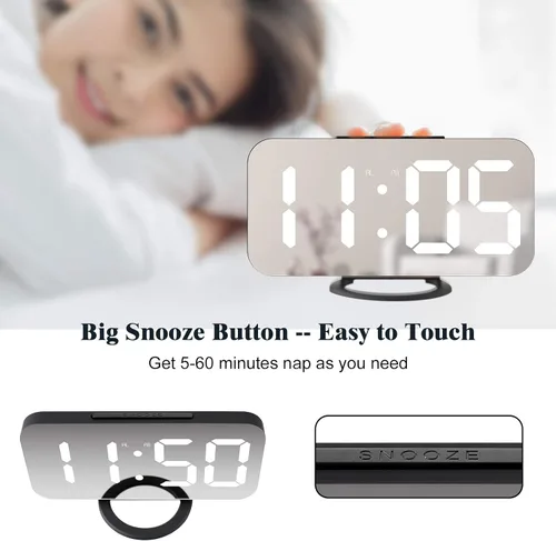 Miniatura 7 de Reloj despertador digital Lamisola, gran pantalla LED con espejo, 2 puertos de carga USB, brillo ajustable automáticamente, relojes modernos