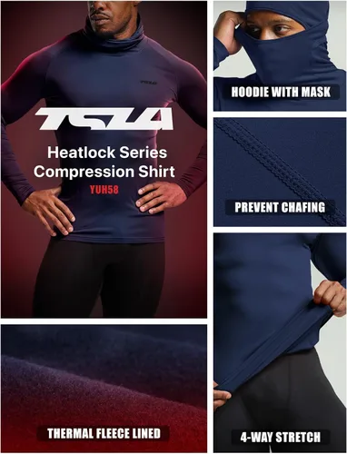 Miniatura 7 de TSLA Camisa térmica de compresión con capucha y mascarilla para hombre, de manga larga, capa base para deportes de invierno, camiseta deportiva