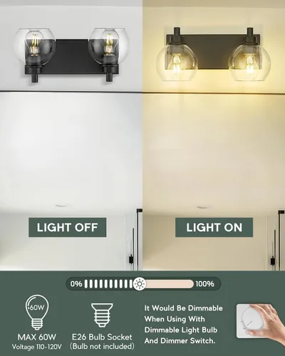 Miniatura 8 de Accesorios de iluminación de baño, luz de tocador mate negra de 2 luces, apliques de pared modernos con pantalla de globo de vidrio transparente