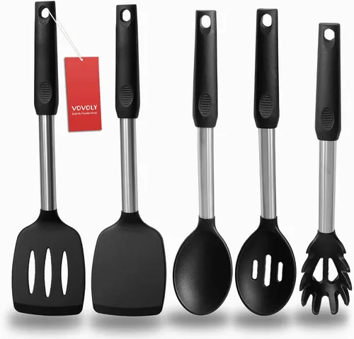 Espátula de silicona y cuchara de cocina, paquete de 5 utensilios de cocina antiadherentes para la cocina, espátulas y cucharas sólidas y ranuradas