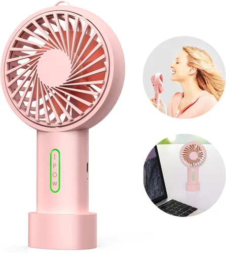 IPOW Mini ventilador de mano portátil personal de 3 velocidades ángulo ajustable base extraíble cordón de recarga USB funciona con pilas, ventilador