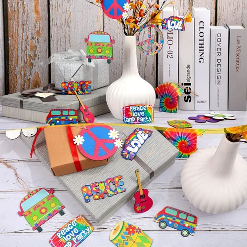 Miniatura 4 de Jetec 36 piezas de adornos colgantes de madera para fiesta hippie de los años 60, letrero de la paz retro, decoración de teñido anudado