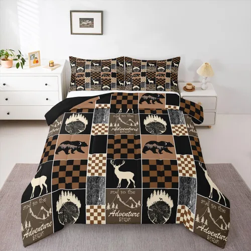 Miniatura 56 de Juego de edredón de oso y ciervo, tamaño individual, ropa de cama de animales salvajes de caza, colcha rústica de cabaña, casa de campo, cuadros