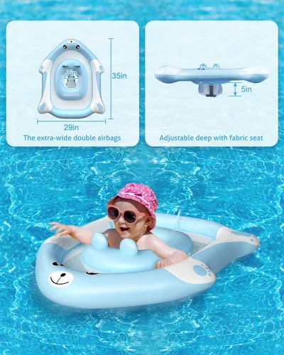Miniatura 3 de Flotador doble con asiento de seguridad ajustable, toldo UPF 50+ extraíble solar, flotador inflable estilo animal, flotador de natación durante 6-36