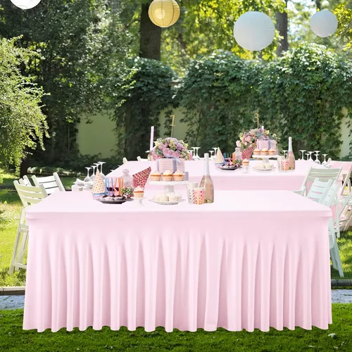 Miniatura 22 de Besutolife falda de mesa de 6 pies rosa para mesa rectangular, falda de mesa de tutú de elastano para fiestas, bodas, baby shower