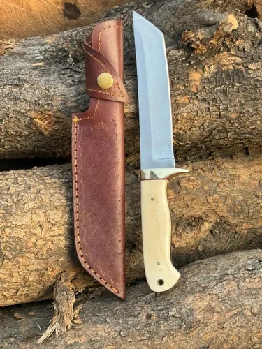 Miniatura 3 de Hecho a mano caza hoja fija Tanto cuchillo con funda de cuero cuchillo de acero al carbono al aire libre para desollar camping aventura para dotado