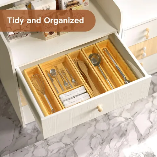 Miniatura 6 de DUJEN 5 piezas Organizador de cajones de bambú ajustable, organizador de 3 cajones individuales para basura para baño y cocina, cajas organizadoras