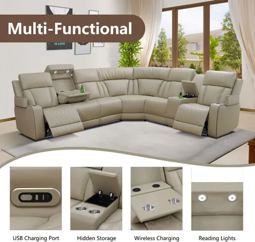 Miniatura 3 de Breathing Leather Sectional Sofa with Dual Power Recliner, 6 Seater L Shaped Reclining Couch for Living Room, Sectional Couch with Reading Lamp/USB