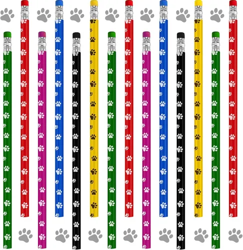 Censen Juego de 24 borradores de lápices con estampado de patas, 6 colores, lápices de madera para niños, regalos de fiesta de cumpleaños con
