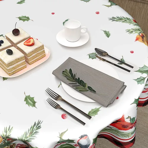 Miniatura 5 de Giwawa Mantel Redondo de Invierno con Aves para Navidad de 60 Pulgadas, con Bayas de Acebo y Piña, Diseño de Buffalo Plaid en Rojo y Negro