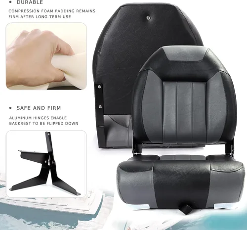 Miniatura 3 de P1 Premium Marine Asiento plegable para barco con respaldo alto, tornillos de acero inoxidable incluidos B6-Carbón/Negro (2 asientos)