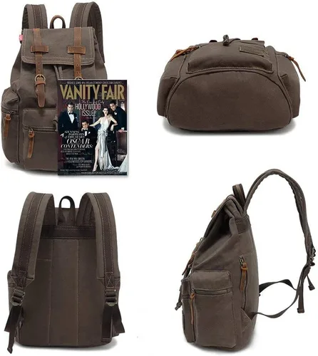 Miniatura 3 de AUGUR Mochila vintage de lona de alta capacidad, para escuela, universidad, senderismo, viajes, laptop de 12-17 pulgadas, Verde militar, Mediana