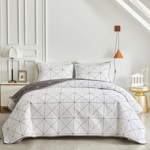 Miniatura 3 de Juego de edredón reversible de 3 piezas, cuadriculado blanco y gris, tamaño king 102 x 88 pulgadas, suave microfibra ligera, colcha de verano