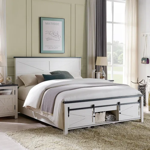 Miniatura 3 de JXQTLINGMU Marco de Cama de Madera Estilo Granja Tamaño Queen con Armarios de Almacenamiento con Puertas Corredizas de Granero y Cabecero, Soporte