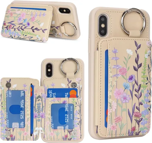 Havaya Funda para iPhone Xs y iPhone X, cartera con tarjetero y llavero, soporte de anillo de piel sintética, diseño floral con ranuras para