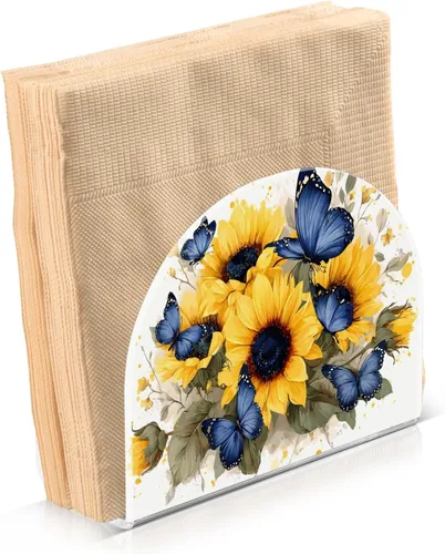 Servilletero de acrílico transparente con girasol y mariposa, servilletero, dispensador de mesa de comedor para cocina, restaurante, decoración del