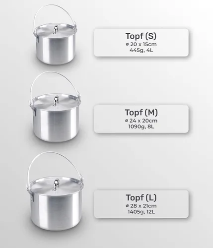 Miniatura 3 de AceCamp Juego de ollas de cocina ligeras de aluminio anidadas con tapa y mango plegable - 4L, 8L, 12L